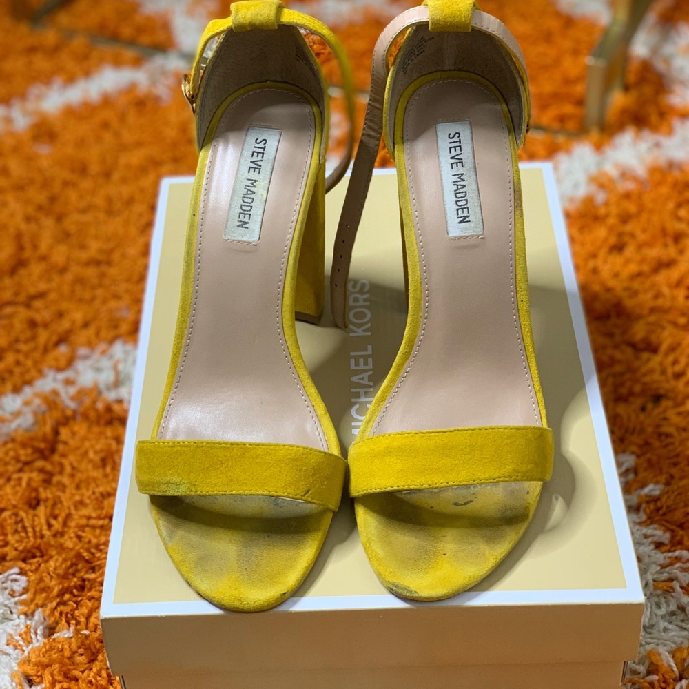 Yellow Mustard Suede Open Toe Heels